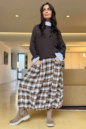 Roberta Plaid Brushed Cotton Balloon Hem Skirt Camel